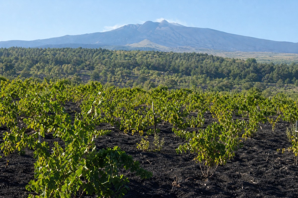 Rows of vines growing on dark volcanic soil where Etna DOC wine grapes are cultivated on the mountainside