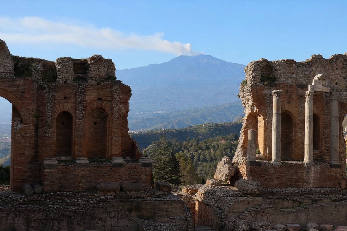The ancient Greek theatre with Mount Etna rising behind it, a classic Catania day trip