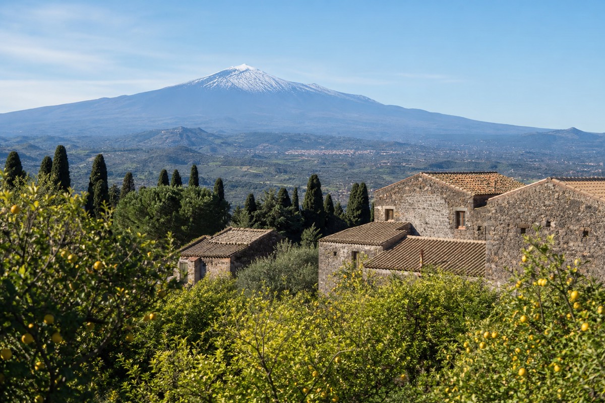 Sicily countryside with Mount Etna as a backdrop on a day trip from Catania
